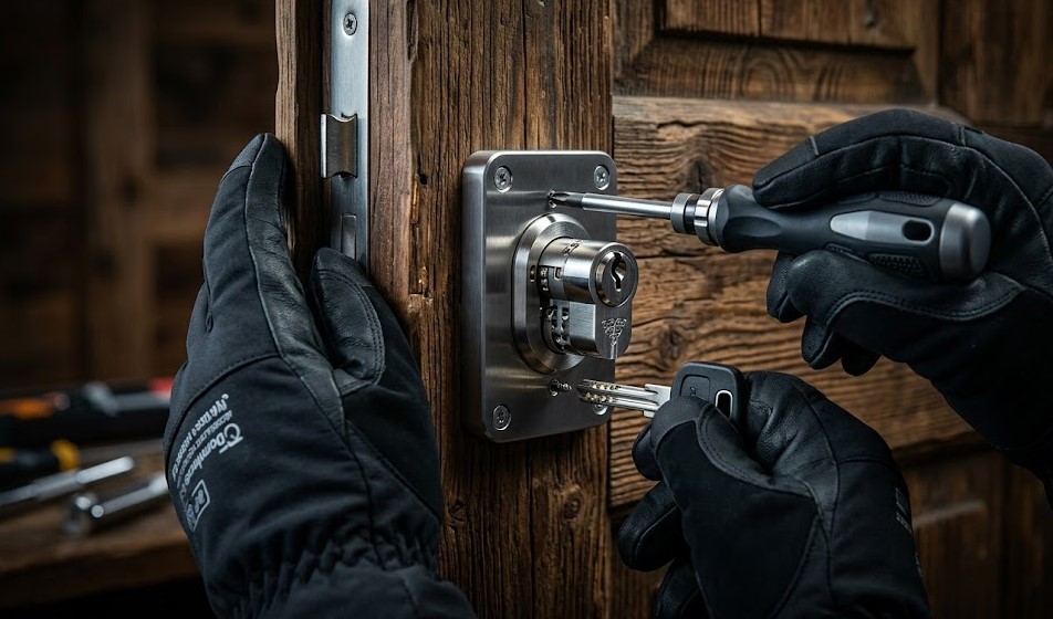 Especialista Cerrajero instalando cerradura anti-bumping de seguridad en la puerta de madera de un chalet en Monachil